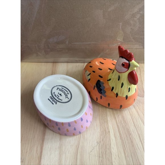 Pfaltzgraff Pistoulet Sitting Chicken Jane Kotlpen trinket box orange blue 5.5" - Picture 4 of 4